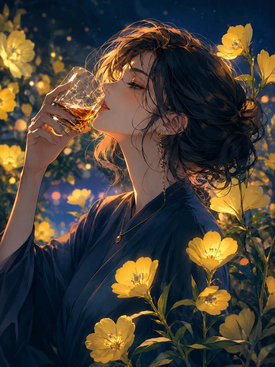 月夜月见草花园中的威士忌
