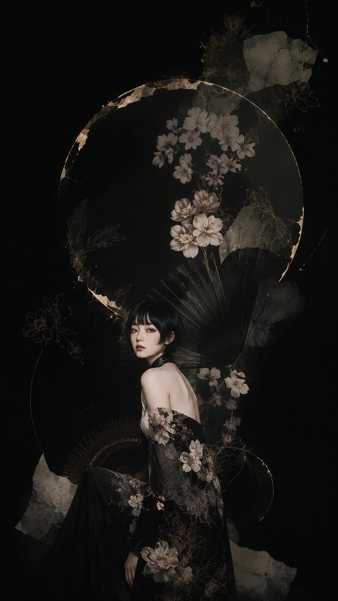 深色花卉和服肖像