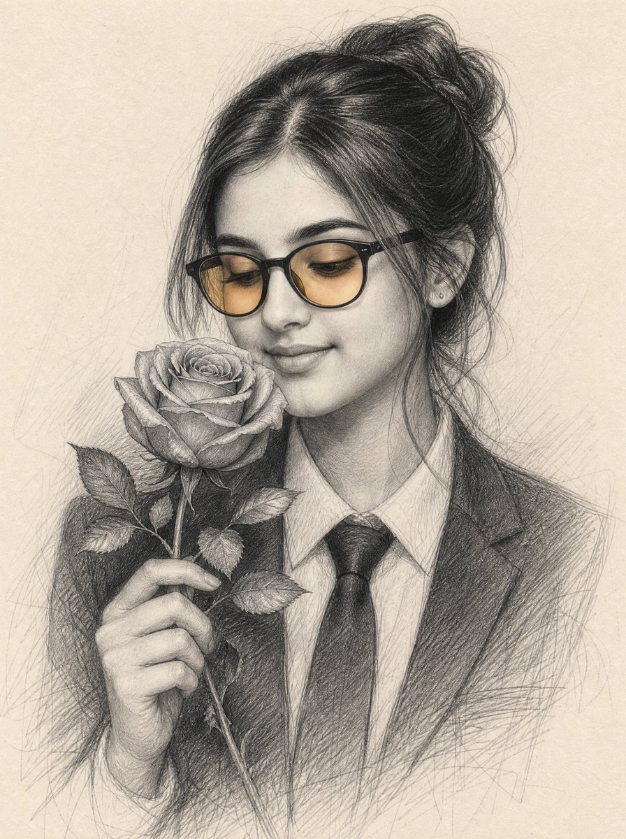 石墨铅笔女性肖像（手持玫瑰）