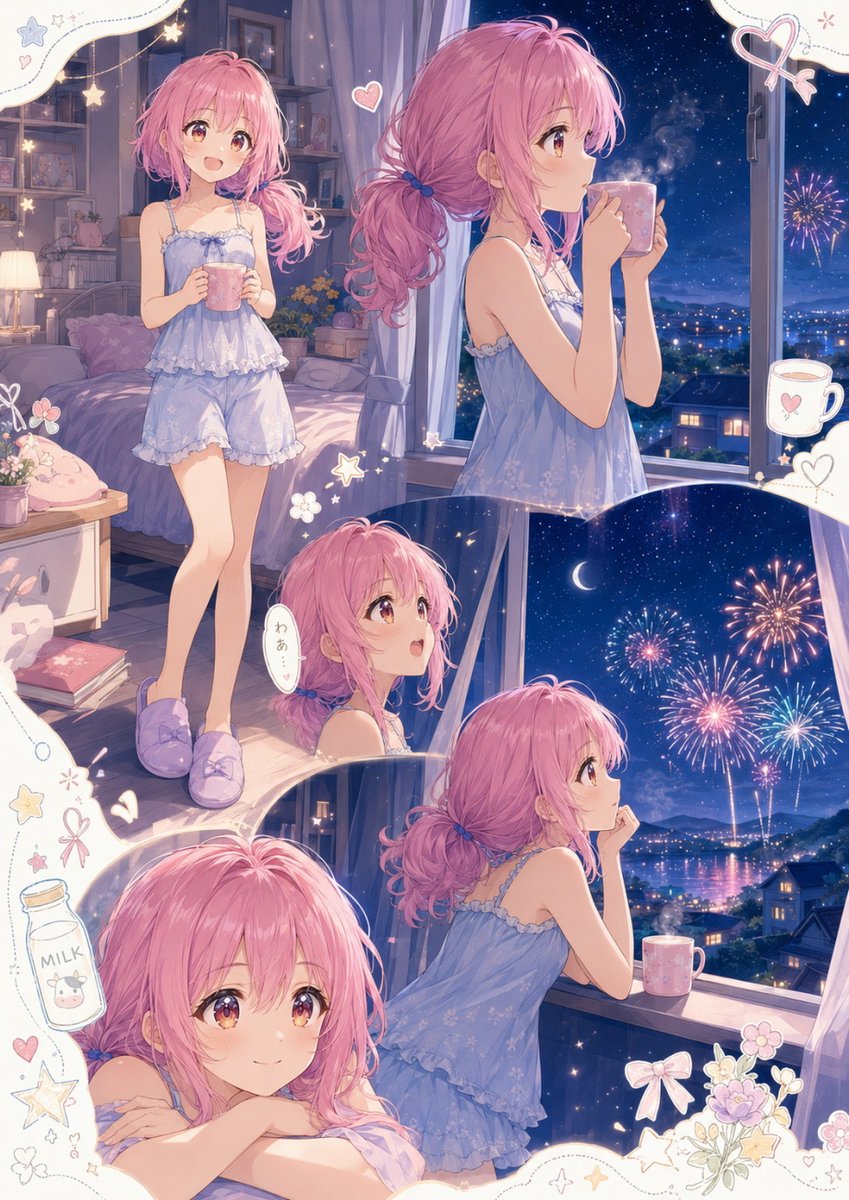 动漫夏夜烟花拼贴画