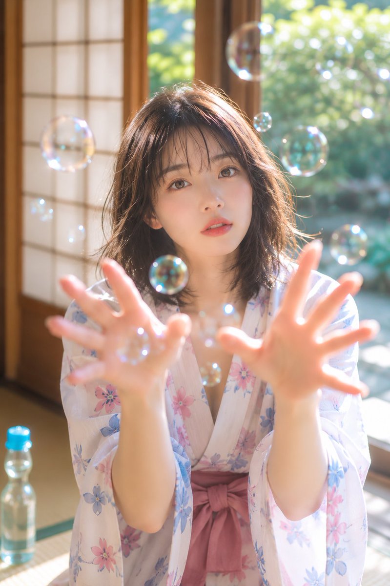 Yukata Girl Chasing Summer Bubbles