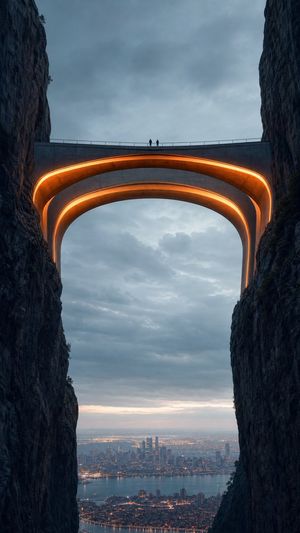 城市峡谷上的霓虹大桥