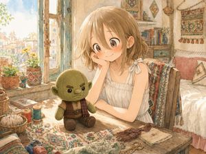 女孩缝制哥布林毛绒玩具