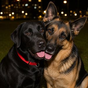 夜间公园里的两只狗狗肖像