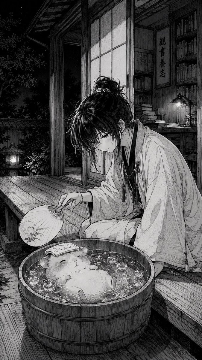 漫画风格：阳台仓鼠冰浴