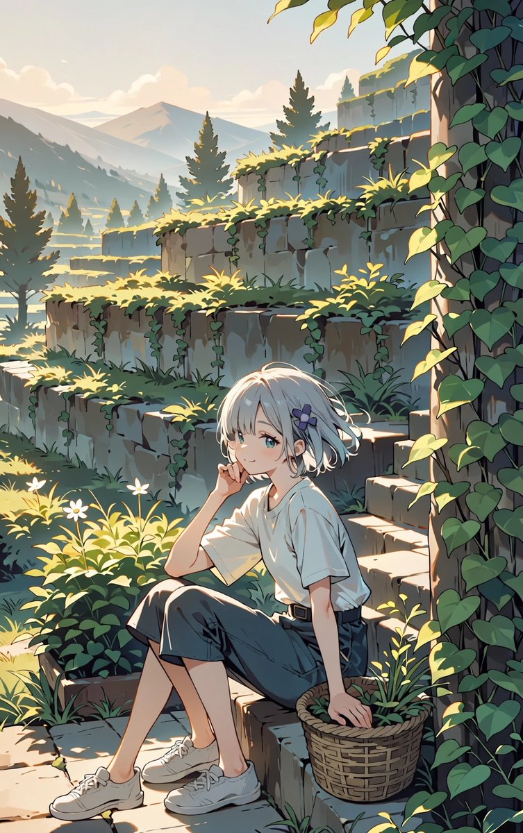 长满植被的山间花园中的动漫少女