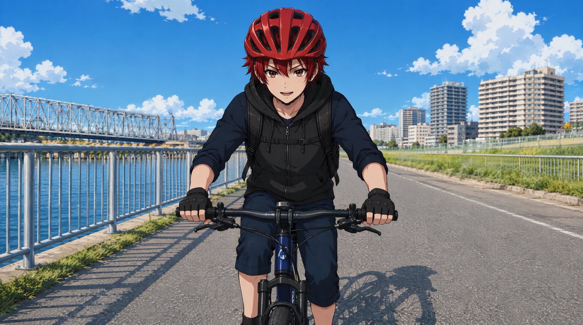 河畔公路上的动漫骑行者
