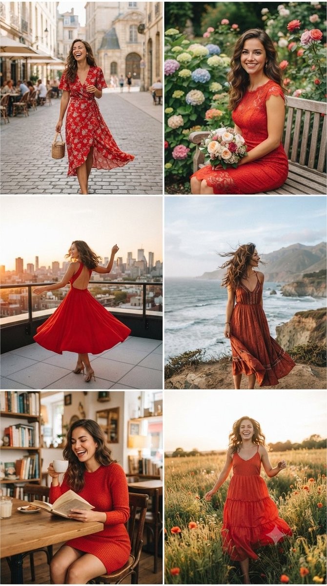 Six-Scene Red-Dress Collage