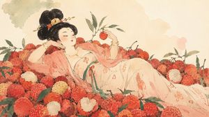 荔枝丛中的唐代贵妇水彩画