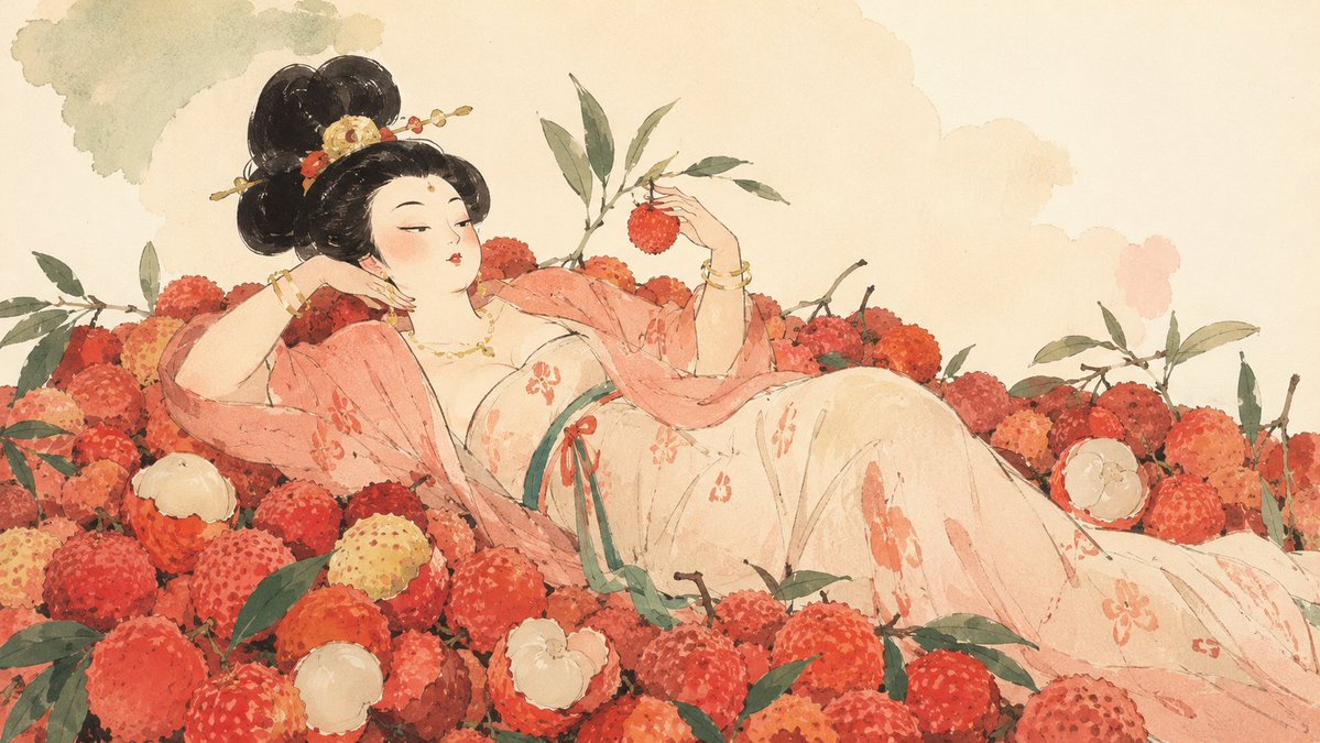 荔枝丛中的唐代贵妇水彩画