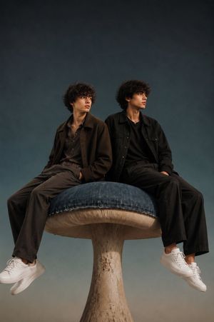 巨型蘑菇上的两位模特