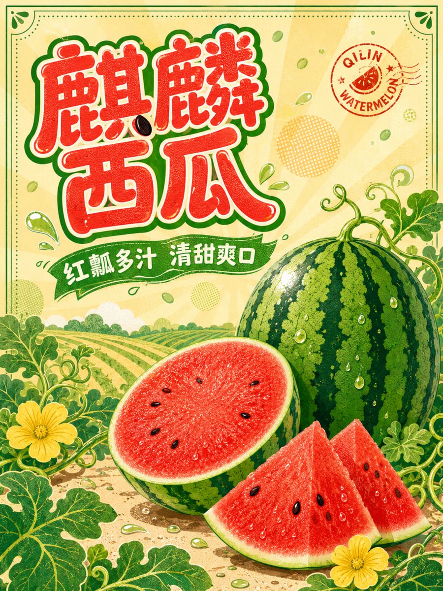 Retro Qilin Watermelon Poster