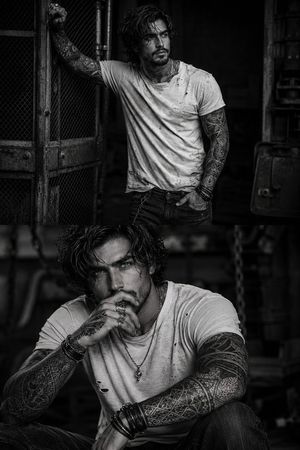 Gritty Industrial Monochrome Tattooed Portrait