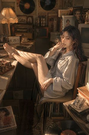 Retro Sunlit Record Room Portrait