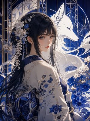 Blue Kiriko Fox Shrine Maiden