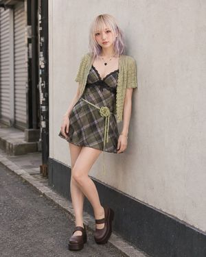 Pistachio Crochet Cardigan and Plaid Mini Dress