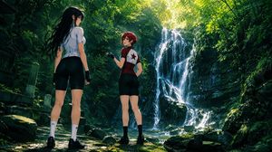 Anime Cyclists at Forest Waterfall