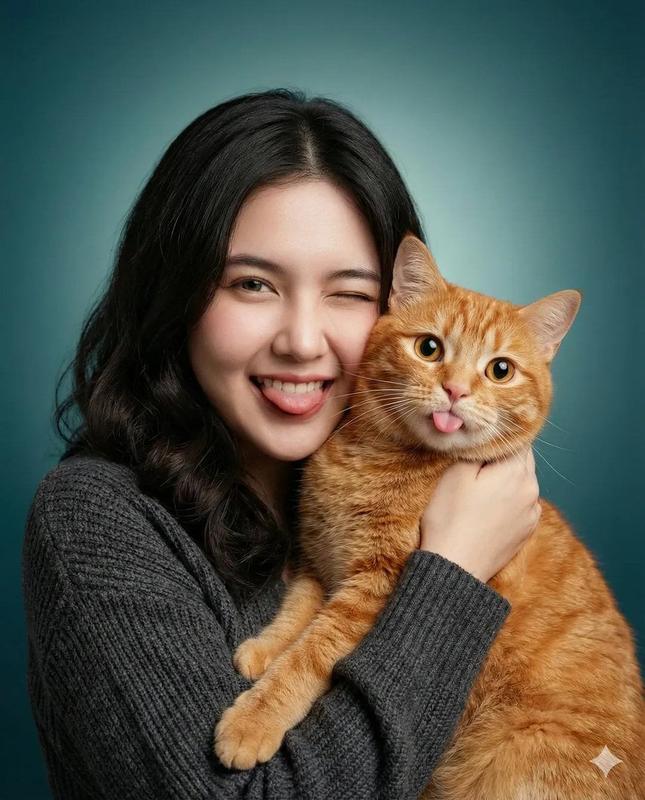 Playful Woman and Orange Tabby Studio Portrait