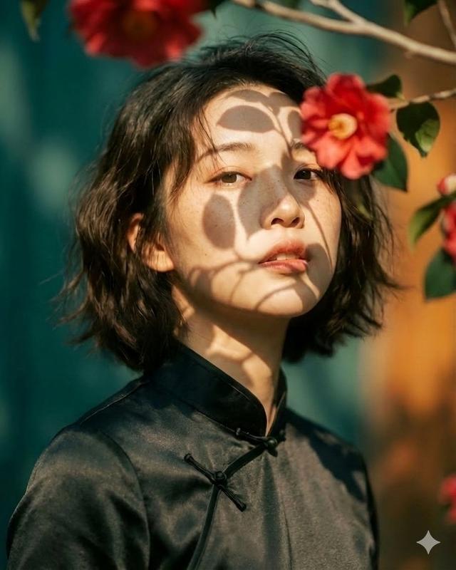 Black Qipao Portrait Among Red Camellias
