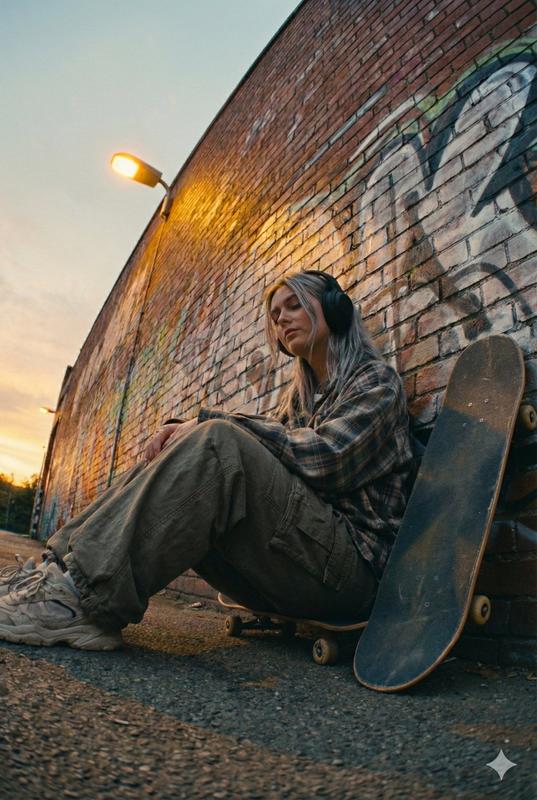 Dusk Graffiti Wall Skateboard Headphones Portrait