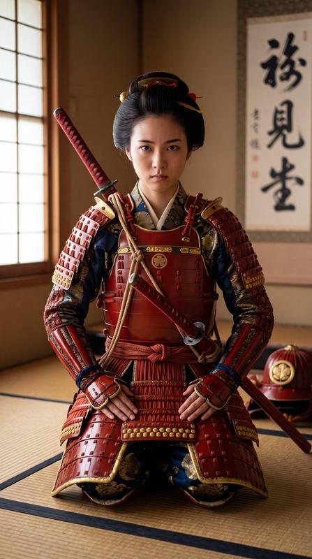 Japanese Samurai Woman in Red Armor