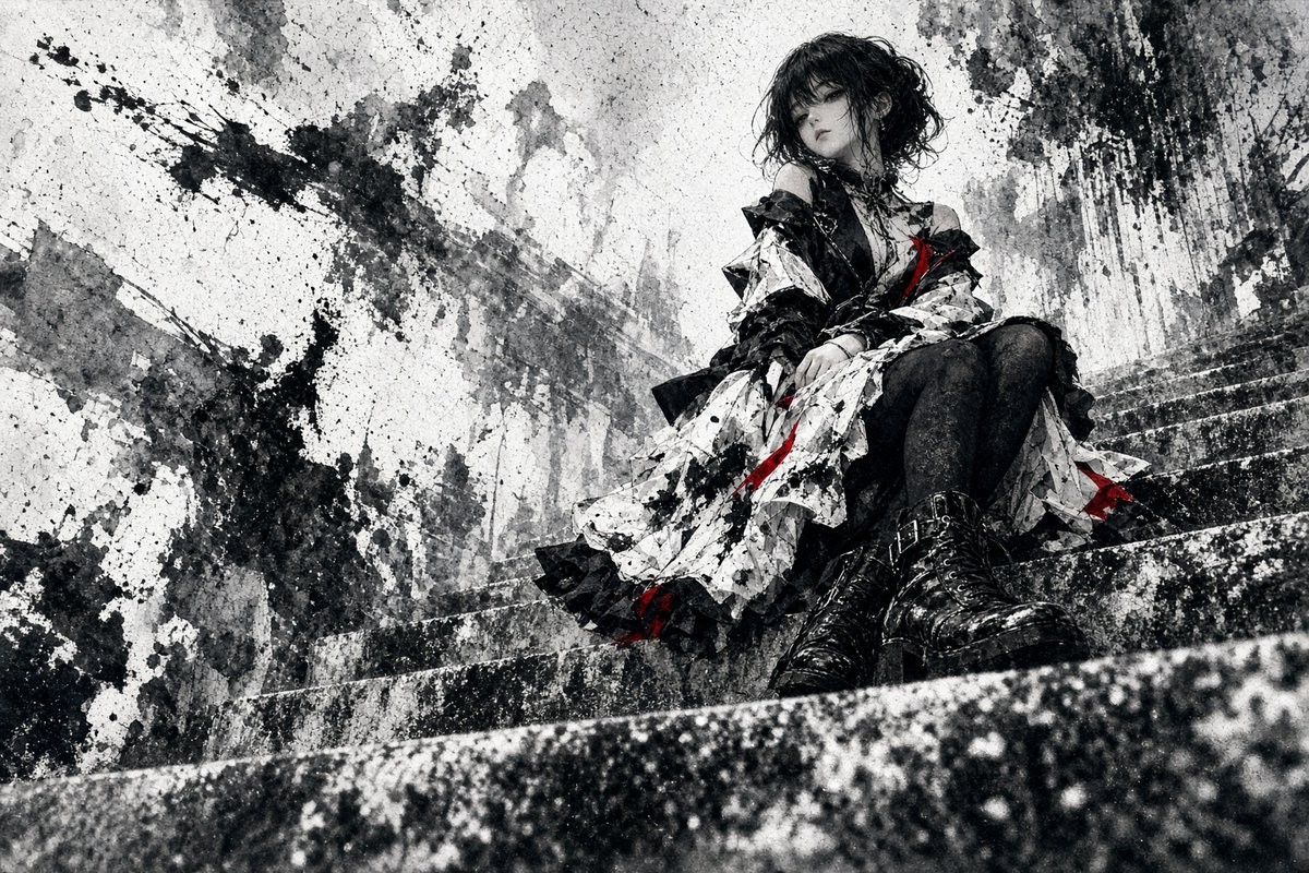 Gothic Girl on Ink-Splattered Stairs