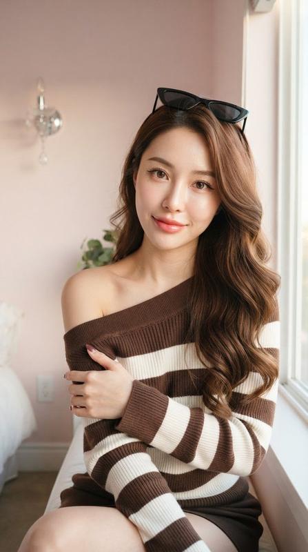 Asian Woman in Striped Sweater