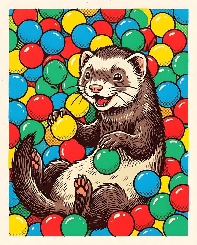 Whimsical Ferret in Ball Pit