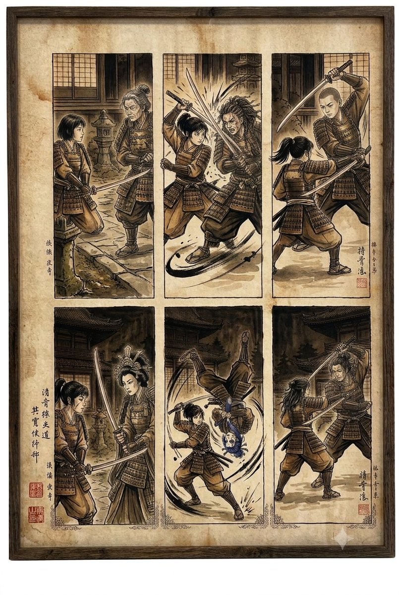 Samurai fight scene ukiyo-e triptych