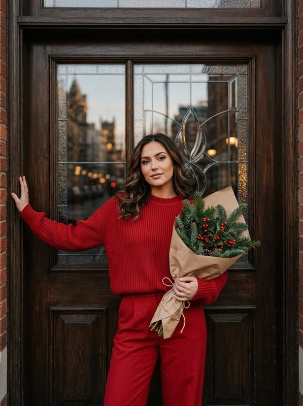 Woman in Festive Red Sweater Portrait