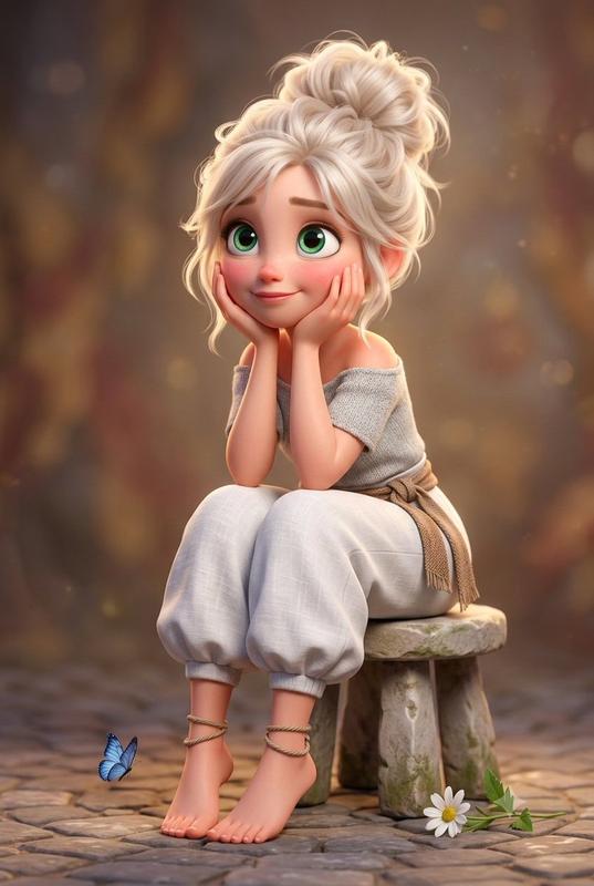 3D Stylized Cartoon Girl on Stone Stool
