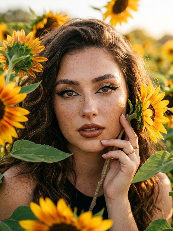 Sunflowers and Cinematic Eye-Lip Portrait