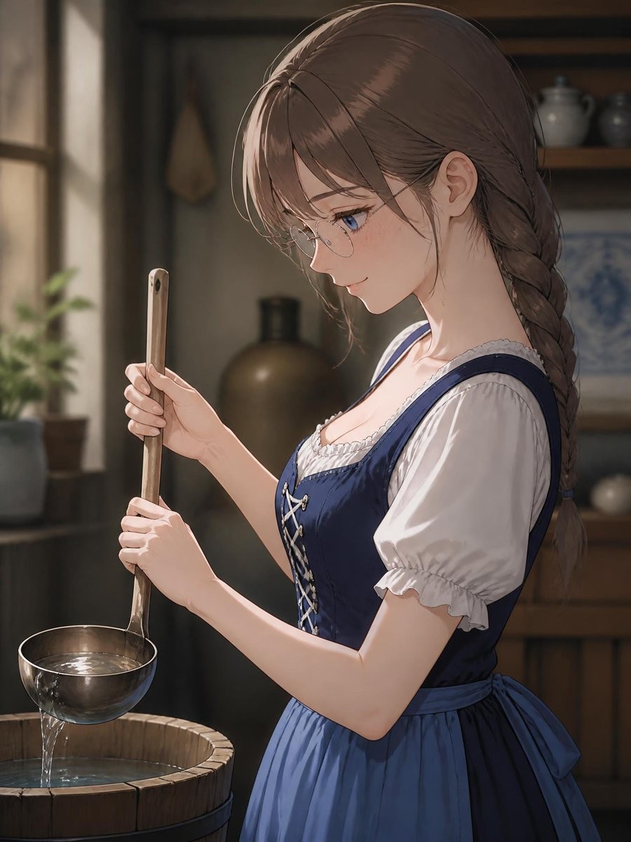 Anime Girl Holding Ladle in Rustic Kitchen