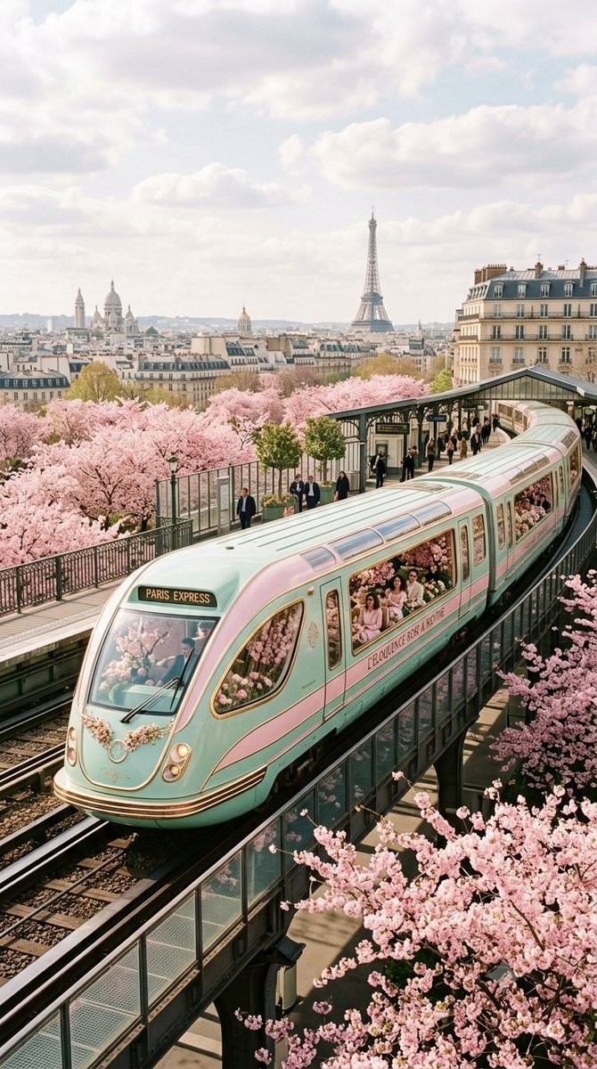 Retrofuturistic Train in Paris Blossoms