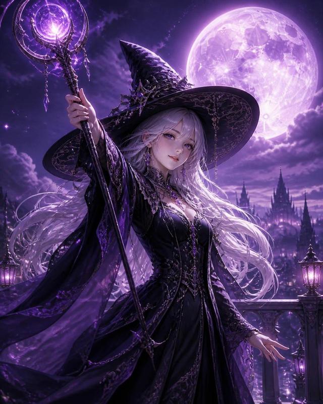 Silver-Haired Witch in Purple Moonlight