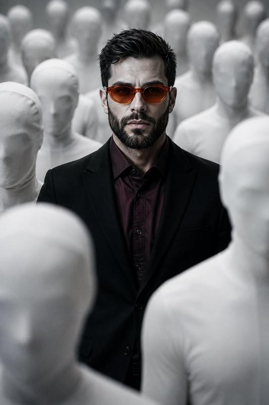 Surreal Man in Crowd of Faceless Figures
