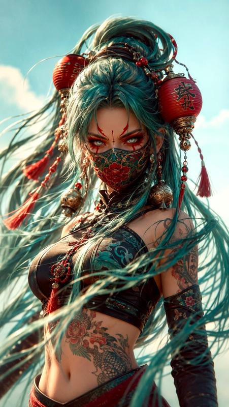 Futuristic Teal-Haired Warrior Portrait