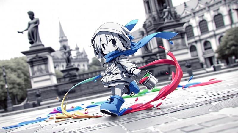 Chibi Painter in Monochrome Plaza