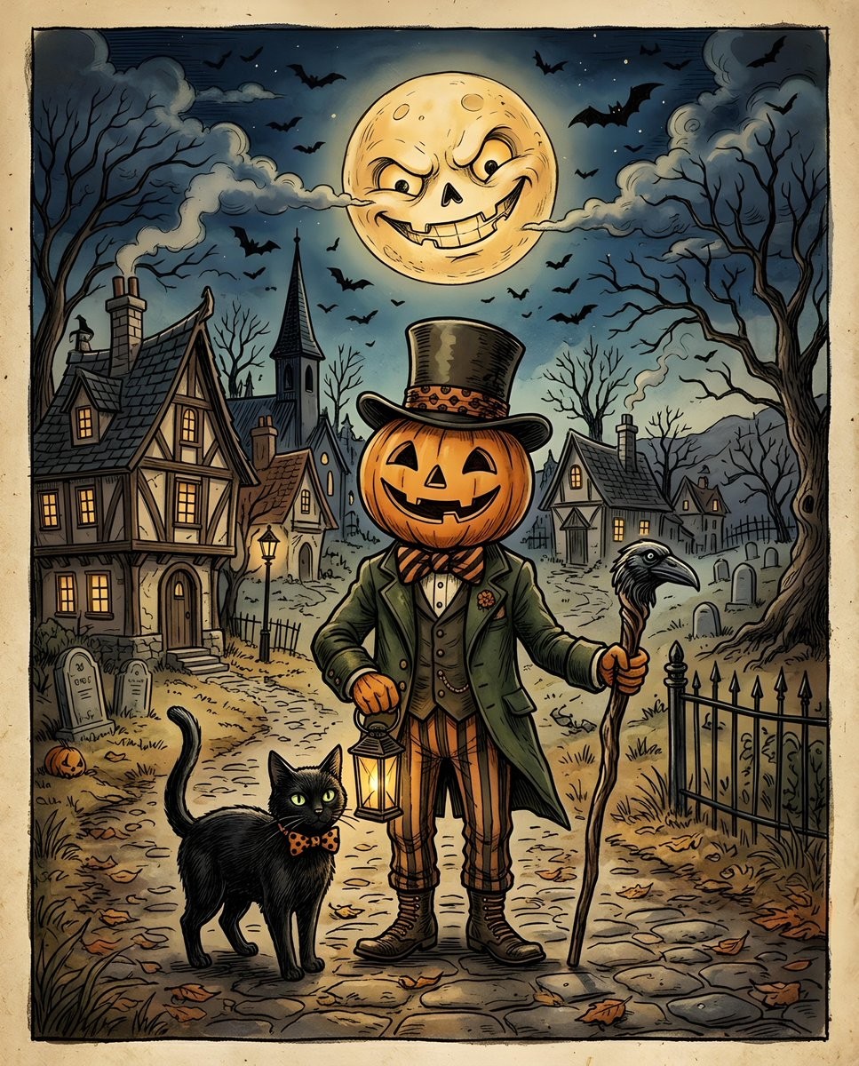 Whimsical Vintage Halloween Illustration