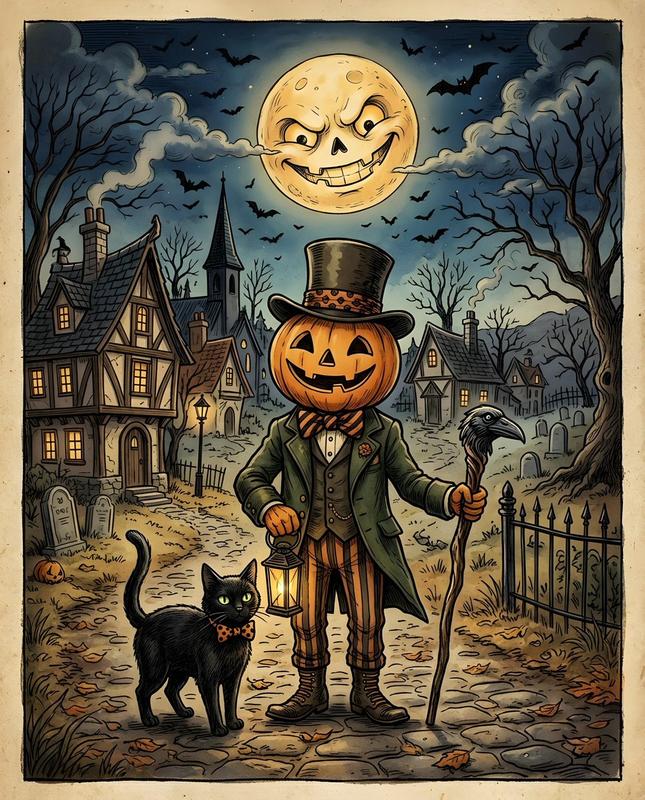 Whimsical Vintage Halloween Illustration