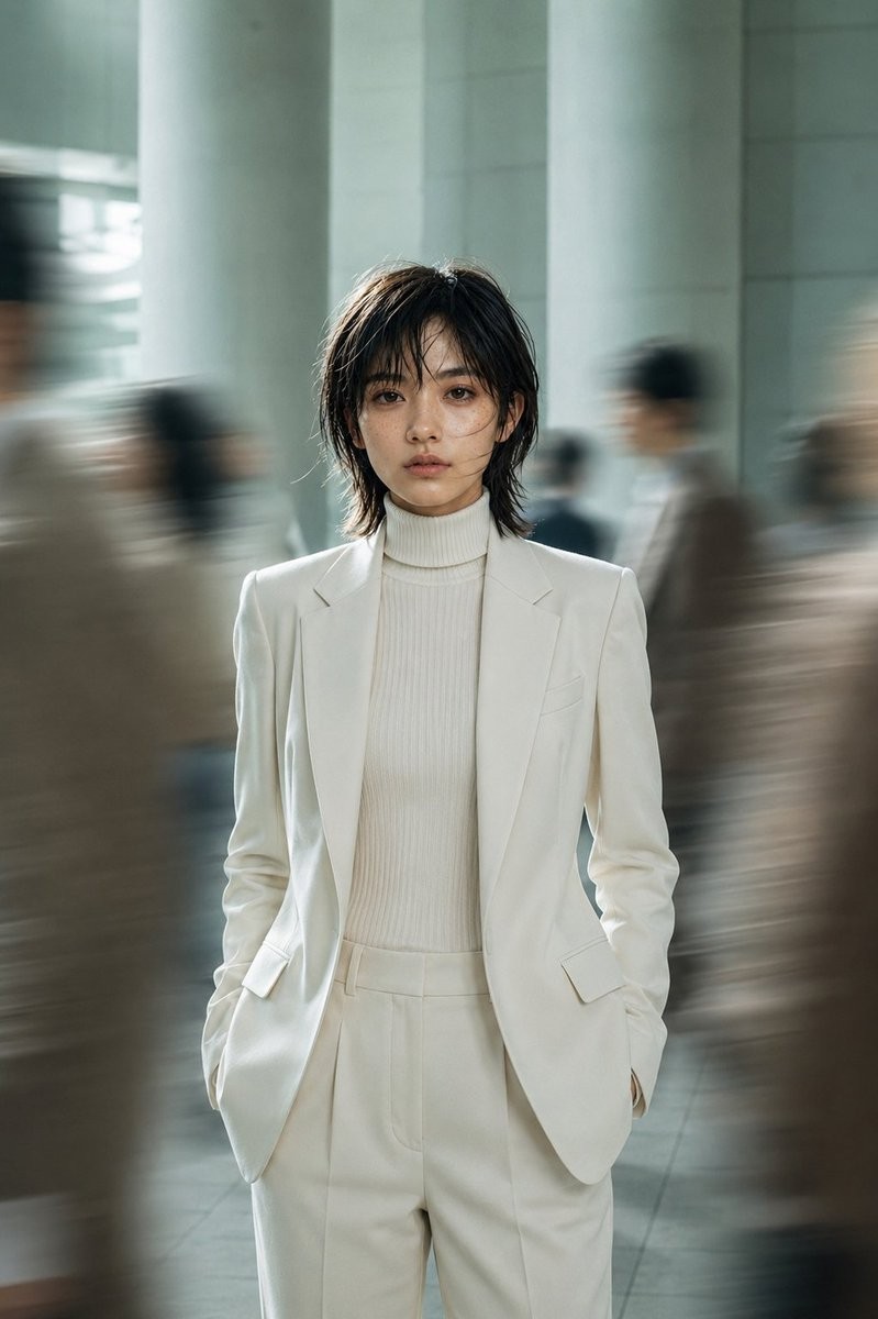 Still Portrait in a Motion-Blurred Lobby