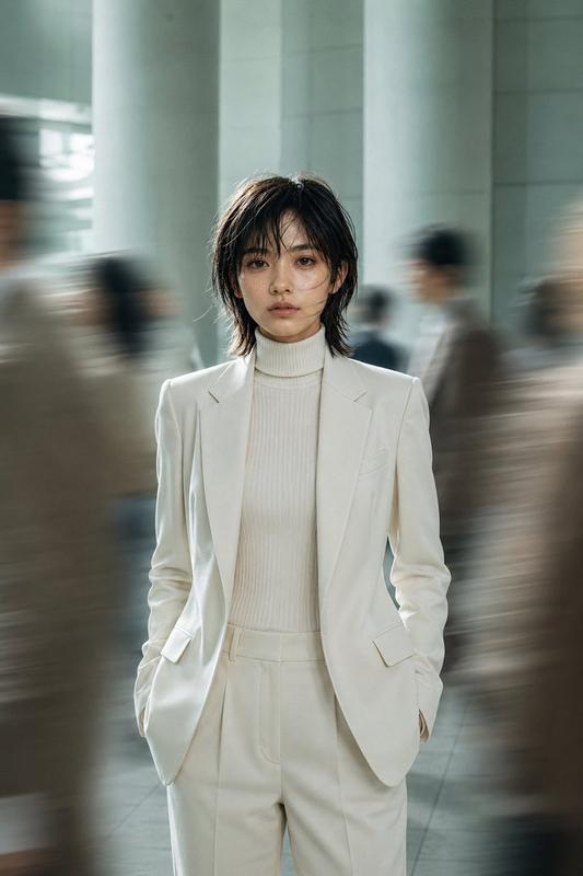 Still Portrait in a Motion-Blurred Lobby