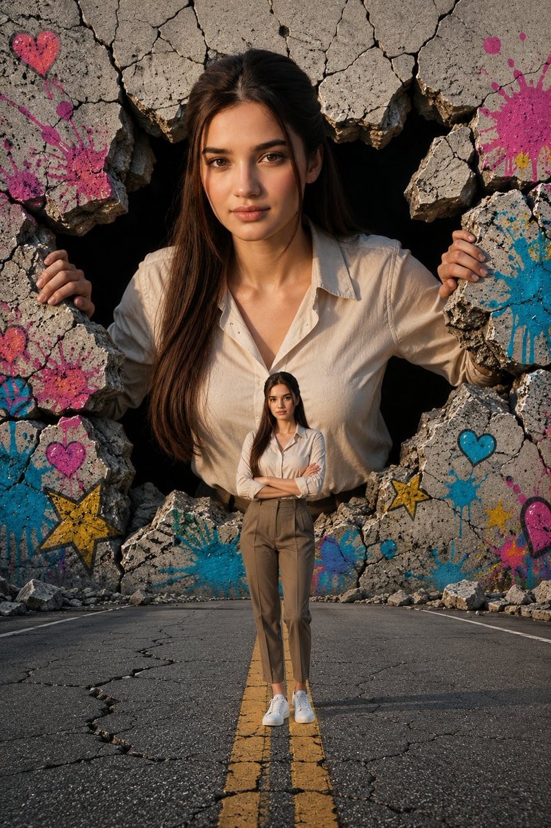 Giant Woman Breaking Through a Wall