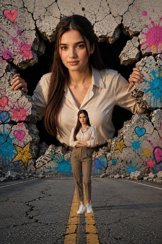Giant Woman Breaking Through a Wall
