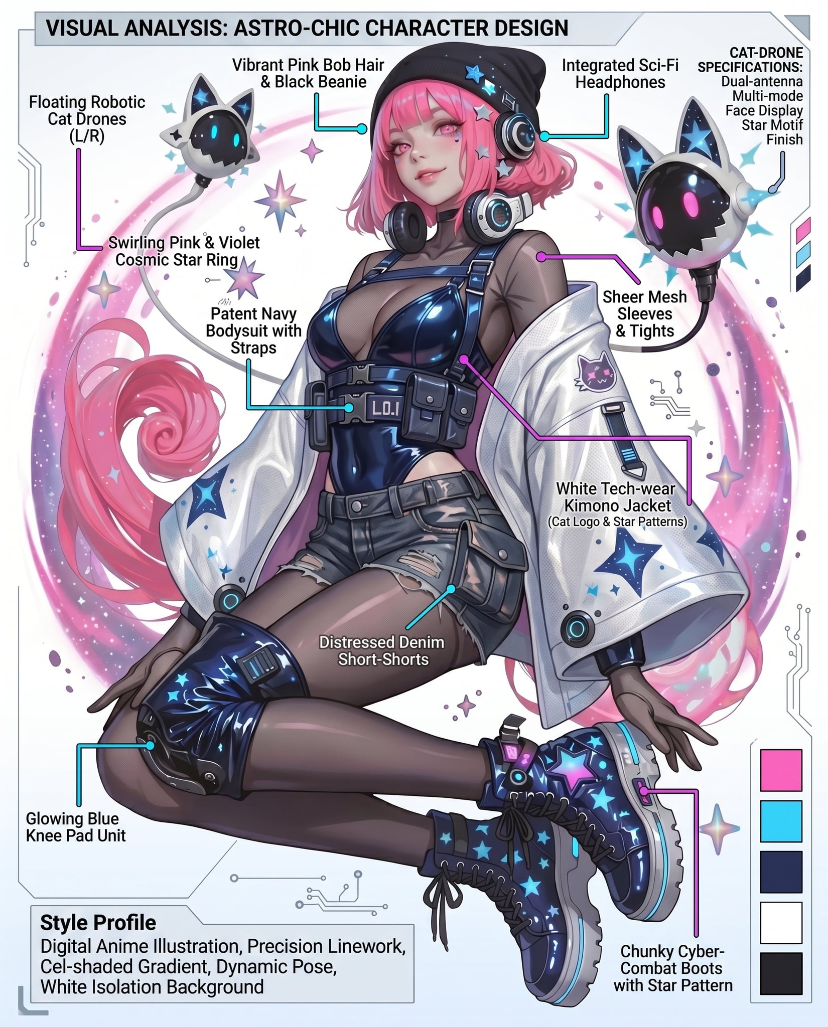 Pink-Haired Techwear Girl and Cat Drones