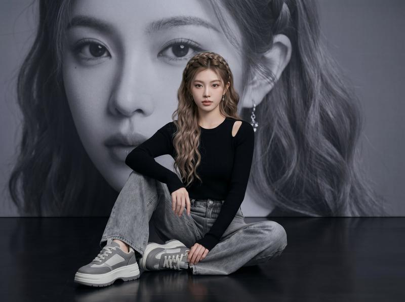 Fashion Portrait with Giant Grayscale Face Mural