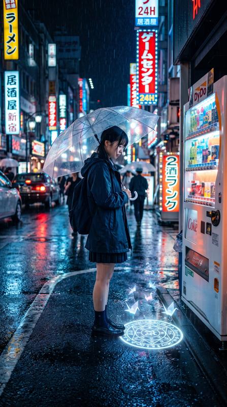 Urban Folklore Mage on a Rainy Neon Night