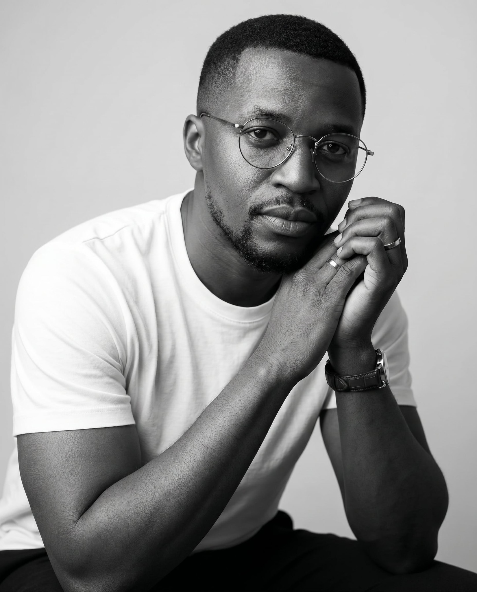 Black and White Thoughtful Studio Portrait