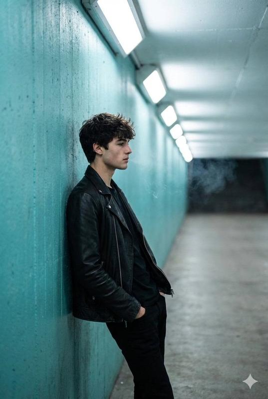 Leather Jacket Man in Turquoise Tunnel