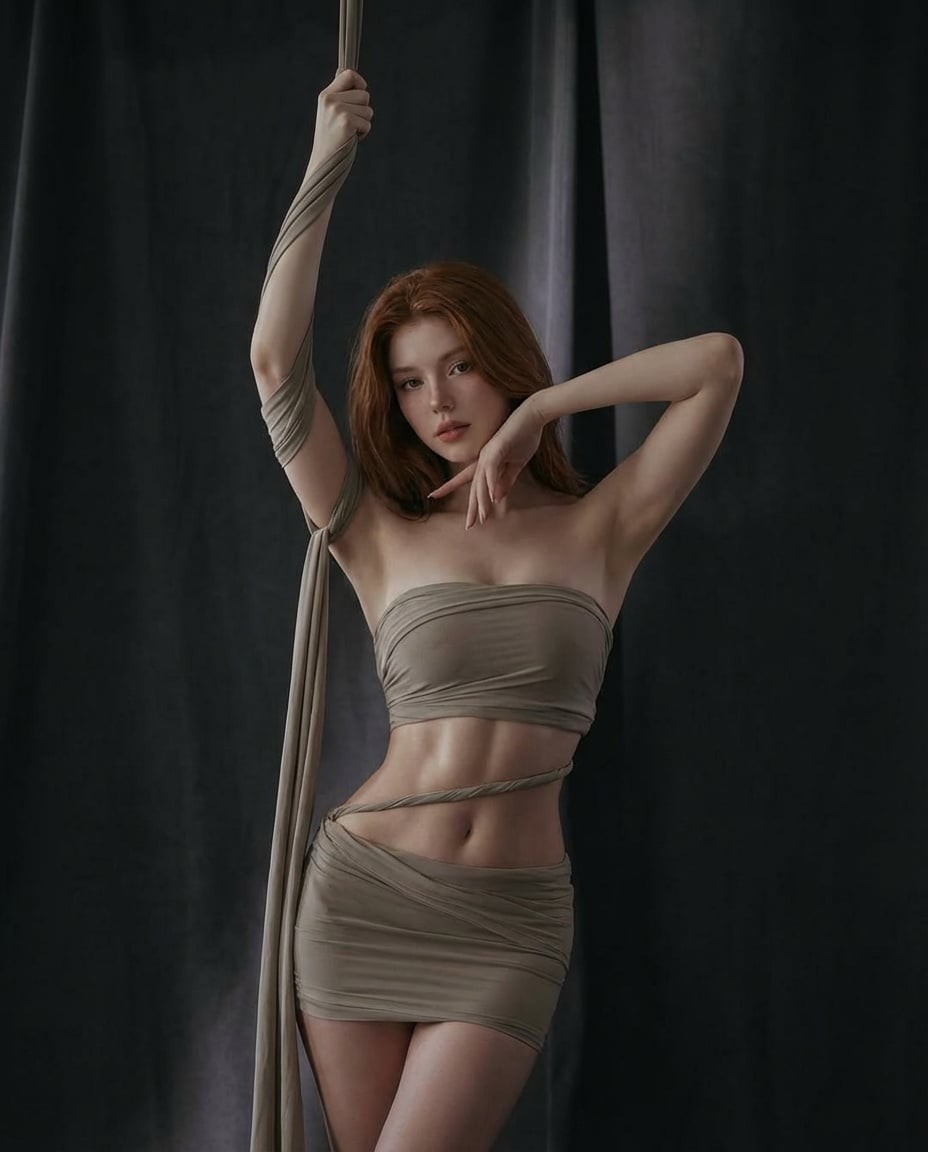 Red Hair Beige Set Curtain Portrait